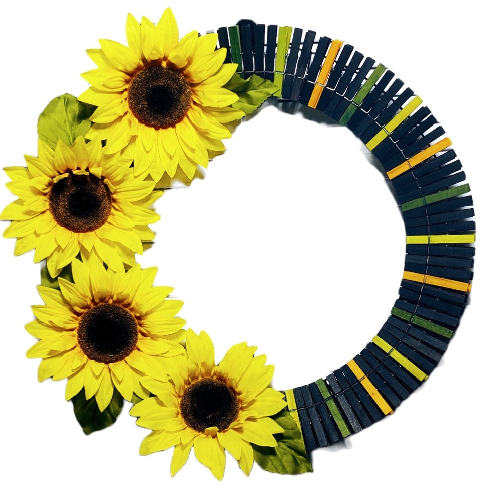 Hand Crafted Sunflowers Black, Orange, Green Clothespin Wreath 18" Door Decor